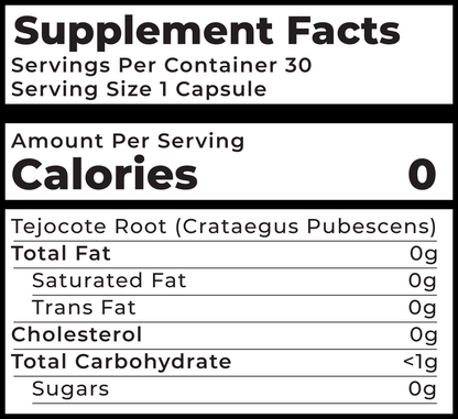 Supplemental Facts: Root of Tejocote Capsules - Complete nutritional information and ingredient details of the 100% natural detox product for enhanced transparency and informed decision-making.